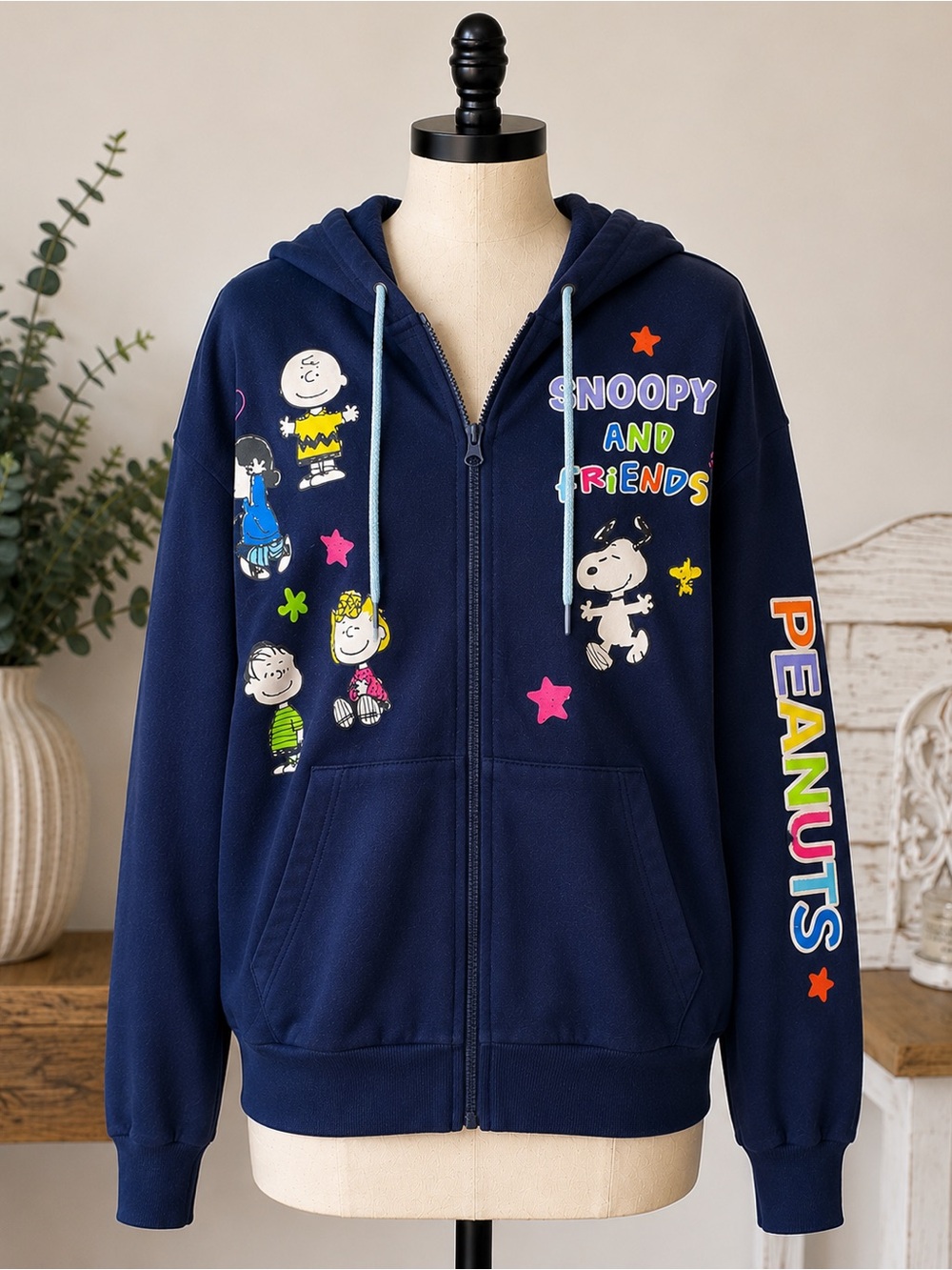 Peanuts Navy Zip Hoodie with Colorful Snoopy & Friends Graphics